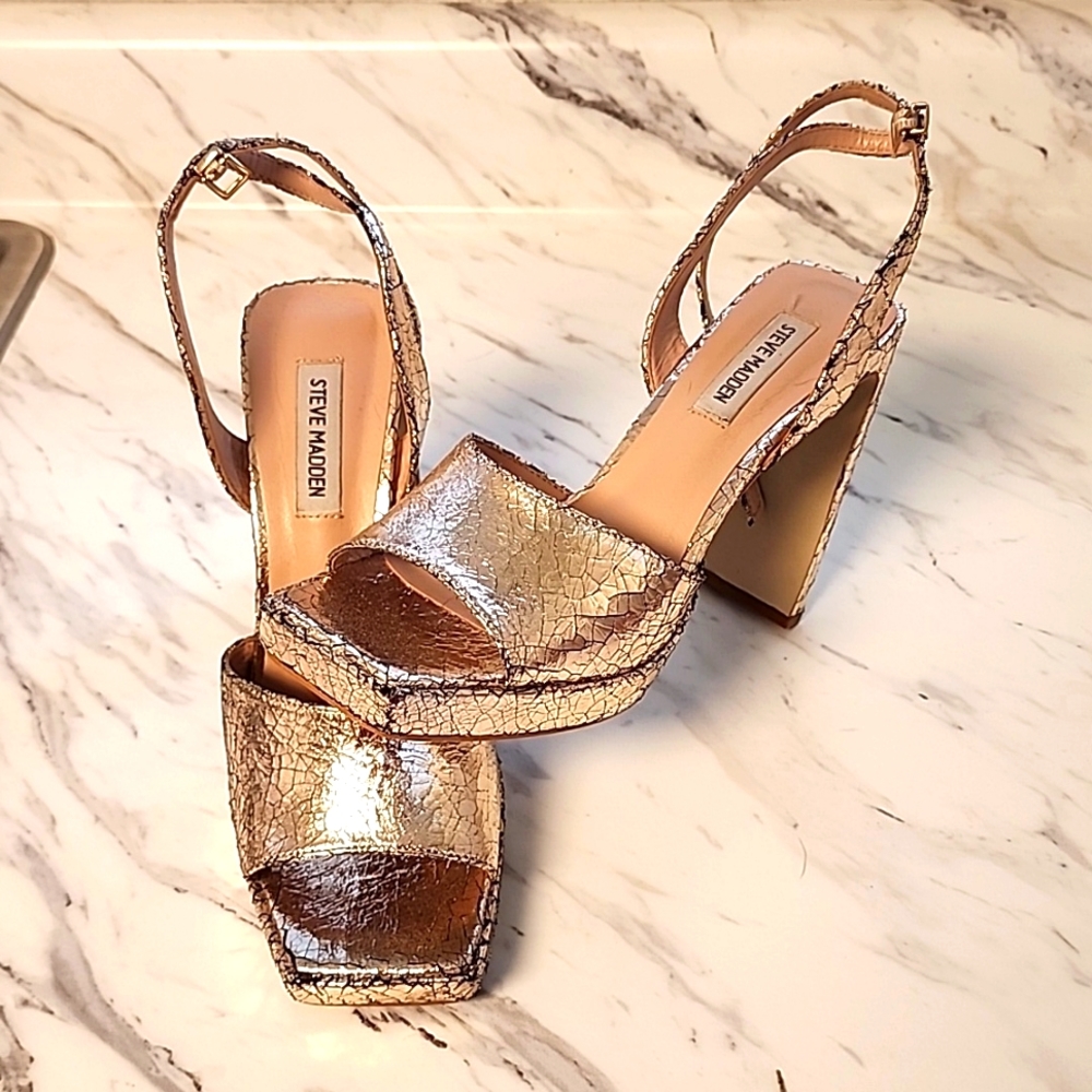 Steve Madden Gold Open Toe Heels - Size 8